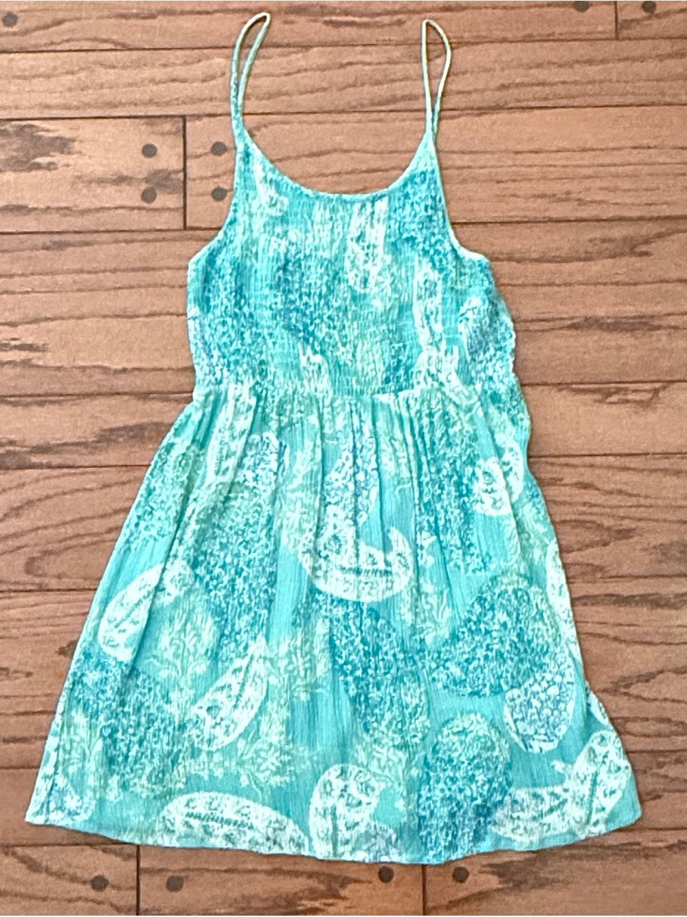 Timing Women's Large Aqua Tropical Print Rayon Sundress Spaghetti Strap Mini